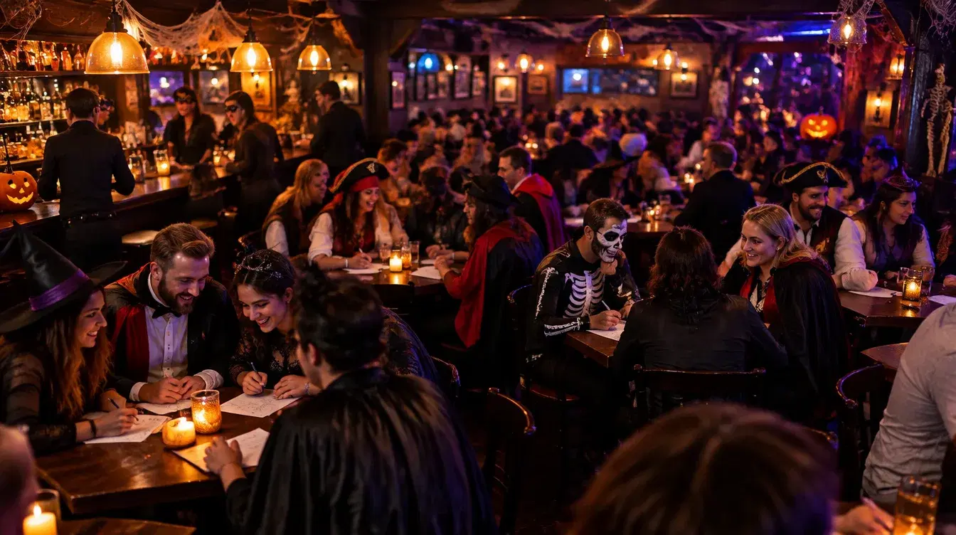 Adults in costumes gathered in a Halloween-decorated bar