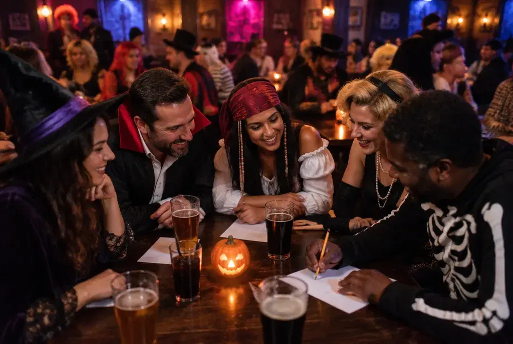Five adults in Halloween costumes gathered around a pub trivia table