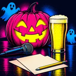 Illustrated pink Halloween pumpkin, microphone and beer glass